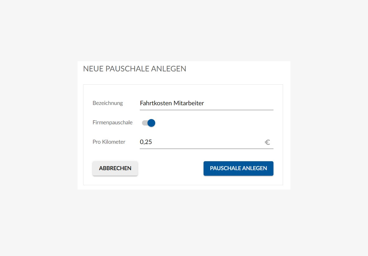 Screenshot: Individuelle Pauschale in der Reisekosten-App anlegen – Eingabe von Bezeichnung und Wert der Pauschale, plus Teamschalter zur Freigabe für alle Mitarbeiter